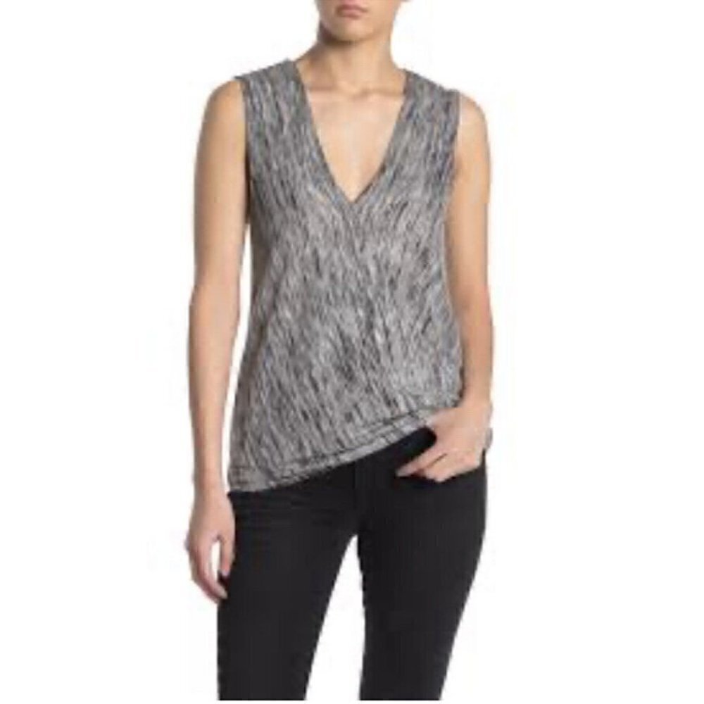 Bcbgmaxazria Blouse Top Womens Marled Sleeveless Black Gray Faux Wrap Top Large
